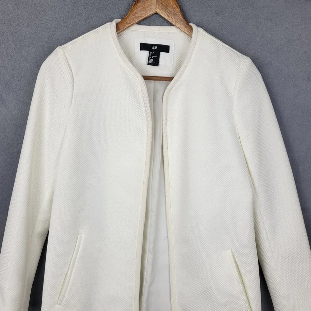 H&M Overcoat Women 4 White Lined Pockets Textured Long Sleeve Open Grannycore 70